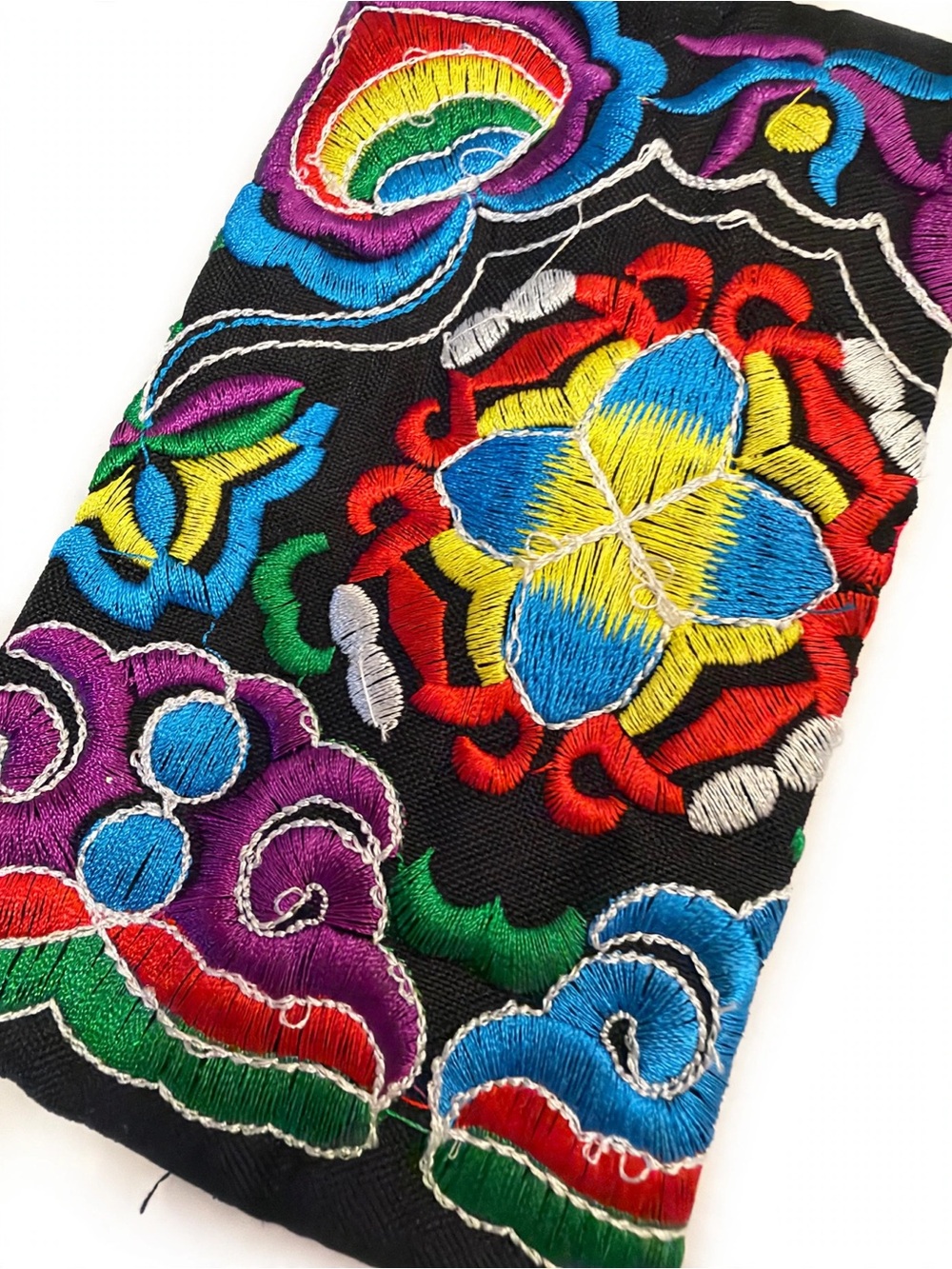 Black Embroidered Wristlet Clutch with Multicolor Floral Motif